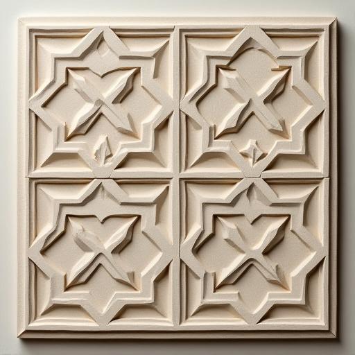 Una piastrella quadrata in ceramica con un raffinato motivo geometrico in bassorilievo, ispirato a decori pompeiani, ideale per un inserto artistico.