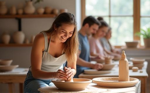 Un gruppo di persone sorridenti e concentrate che lavorano ai torni in un laboratorio artigianale luminoso durante un corso di ceramica base.